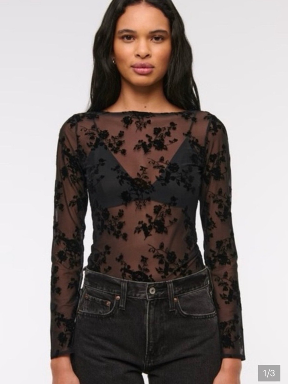Abercrombie Sheer Floral Mesh Long-Sleeve Top in Black